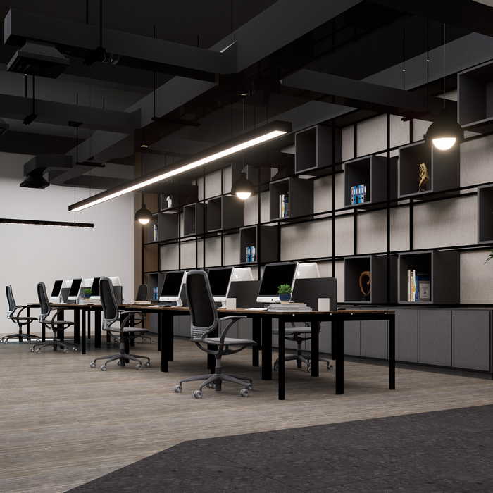 A modern, minimalist office interior featuring ergonomic chairs and sleek workstations.